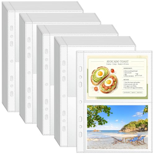 VOKOY 200 Pack Mini Sheet Protectors fit 4"x6"' Cards for 3 or 6 Ring Binder, 7 Holes 2 Pocket Heavy-Duty Recipe Card Sleeves Refill Pages Crystal Clear Index Card Protectors for 8.5x9.5 Inch Binder - size: 6.9x8.5 Inch-2 Pocket, style: 200 Pack