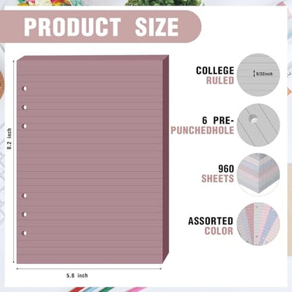 PerKoop 8 Pack Lined Refill Paper A5 Colored 6 Ring Binder Planner Inserts 6 Hole Notebook Refills Paper 8.2 x 5.8 Inch Loose Leaf (Soft) - color: Soft
