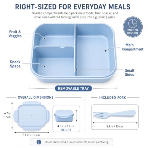 MISS BIG® Kids Bento Lunch Box, 1150ml 3 Compartments, Blue | Blue kids bento lunch box for school, daycare, and snack time - color: Blue, size: 1150ml