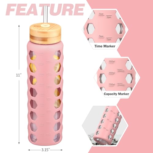 MUKOKO Glass Water Bottle, 32oz, Pink | Glass Tumbler with Straw, Drinking Bottles with 2 Lids-Handle Spout Lid & Bamboo Straw Lid, Silicone Sleeve, 1 Pack - color: Pink, size: 32 Ounces