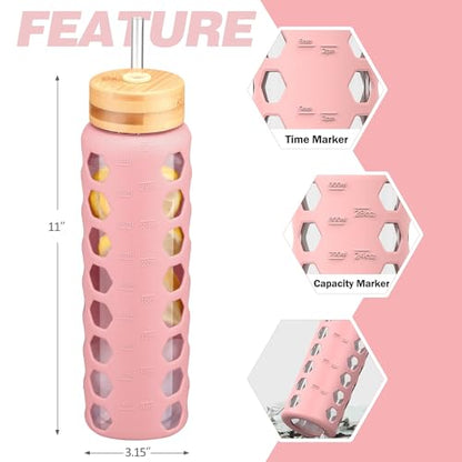 MUKOKO Glass Water Bottle, 32oz, Pink | Glass Tumbler with Straw, Drinking Bottles with 2 Lids-Handle Spout Lid & Bamboo Straw Lid, Silicone Sleeve, 1 Pack - color: Pink, size: 32 Ounces