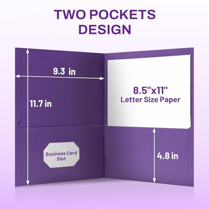 SUNEE Folders with Pockets, 50 Pack File Folders with Business Card Slot, Textured Paper, Fit Letter Size Paper, Paper File Folder for School Office Home Business, Purple - color: Purple