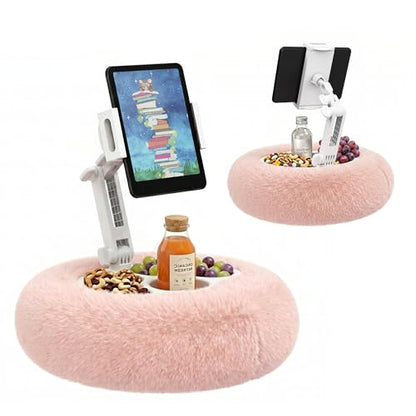 HomeMount Stable Tablet & Kindle Pillow Stand with Snack Tray, Pink | Rotating arm, plush velvet, washable cover, multi-angle comfort, fits 4.7–11" devices for relaxing, reading, or streaming - color: Pink