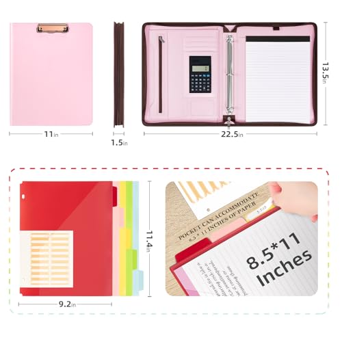 Ospelelf Pink Leather Portfolio Binder 3 Ring, Zippered Clipboard Folder with Storage - 5 Dividers with Pocket, Padfolio for Women,12.1” Tablet Sleeve, Refillable Notepad, Card Slot - color: Pink
