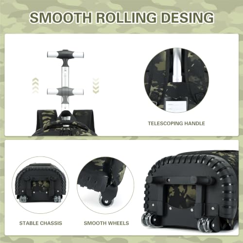 DIGOBAY Rolling Backpack for Boys, Cool Boys Backpack with Wheels, Kids Wheeled backpacks Set with Lunch Bag Pencil Case for Teen Boy, Roller School Bag with Wheels for Elementary Middle School - color: Black and Green Camo