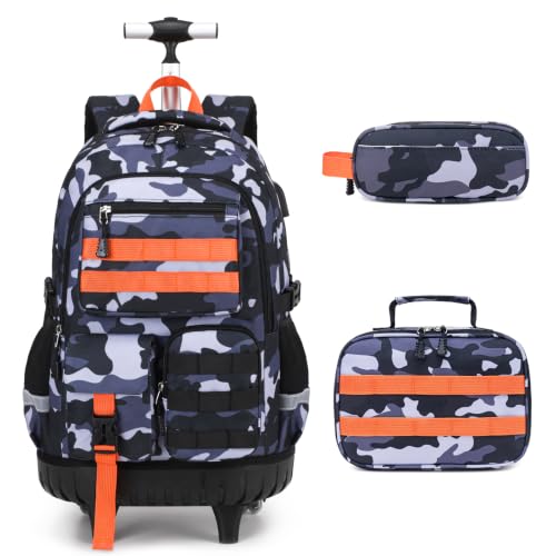 DIGOBAY Camo Rolling Backpack for Boys, 3PCS Tactical Kids Rolling Backpack Set with Lunch Bag & Pencil Case, Boys Wheeled School Bookbag for Elementary, Middle, High School - color: Camouflage Gray/Orange