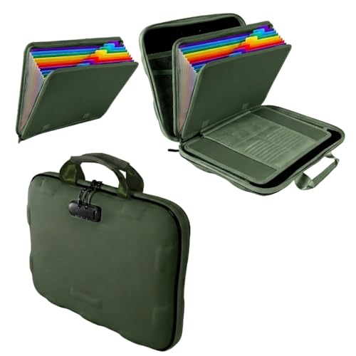 Fireproof Document Box, Hard Case Fireproof File Organizer Box with Lock and 13 Pocket Accordion File Folder, Portable Safe Box for Office Storage Important Documents (With Out Shoulder Strap, Green) - color: Green