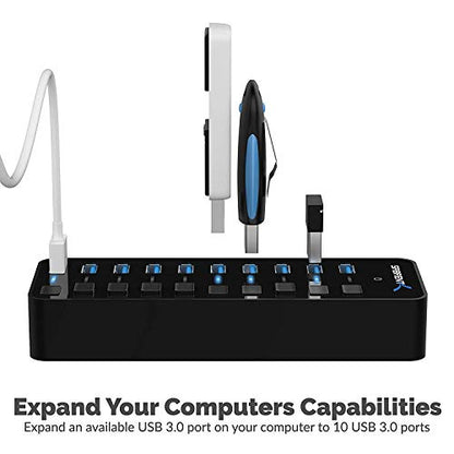SABRENT 10-Port 60W USB 3.0 Hub with Individual Power Switches and LEDs, Includes 60W 12V/5A Power Adapter (HB-BU10) - size: 10-Port - 10 USB 3.0