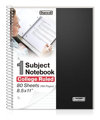 Dunwell College Ruled 1 Subject Notebook, 80 Sheets, Spiral Notebook with 8.5 x 11 Paper, Protective Plastic Cover, Divider with Pockets, Perforated Pages, 3-Hole Punched - size: 8.5x11", style: College Ruled
