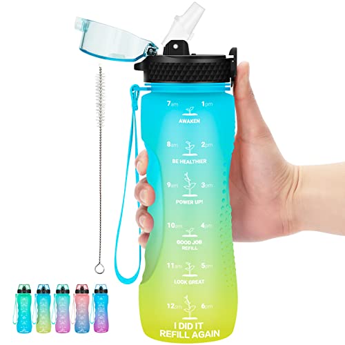 24 OZ Motivational Kids Water Bottle With Time Marker,Straw Lid,Leak Proof, Tritan BPA Free Sports Water Bottle Blue-Yellow(1 Lid) - color: Blue Yellow
