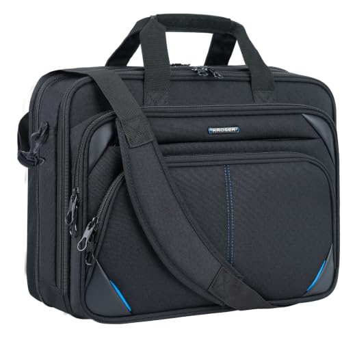 KROSER 15.6 Inch Laptop Briefcase Computer Bag, Messenger Shoulder Bag | Water Repellent Polyester, Detachable Shoulder Strap, Luggage Strap Design for Business, College, Men & Women-Black-Blue - color: Black/Blue, size: 15.6 INCH
