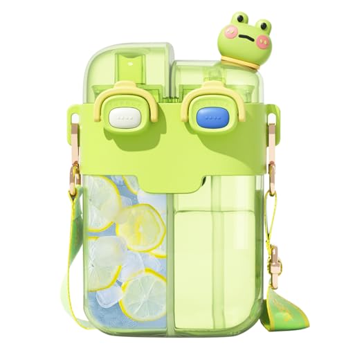 Cute Water Bottle for Kids: 26oz Kawaii Water Bottle for Girls, Funny Bear Water Bottles with Straw and Strap, Dual Compartments Leak-proof Plastic Drinking Cup for School Sport Travel (Green) - color: Green
