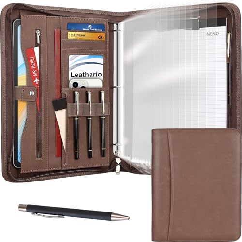 Leathario Portfolio Binder, Padfolio Organizer, 3 Ring Binder with Zipper | Includes Pen and 10 Sheet Protectors, Fits 13 in Tablet, Vegan Leather, for Business Resume Office Professional Men and Women - color: Dark Brown
