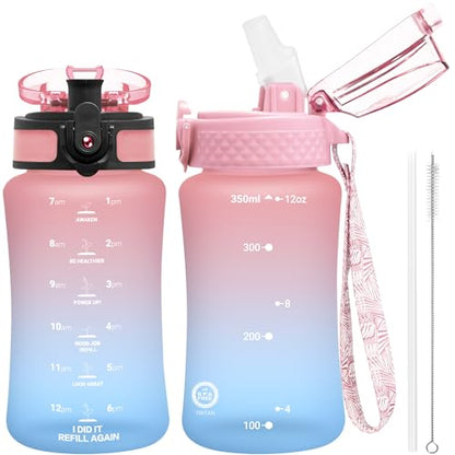 OLDLEY Kids Water Bottle for School, 12 oz (2 lids) BPA-Free Reusable Leak-proof Durable Tritan Plastic Bottles with Straw & Chug Lids, Anti-dust Spout Cover (Pink Blue) - color: A-Pink Blue, size: 12 Ounces