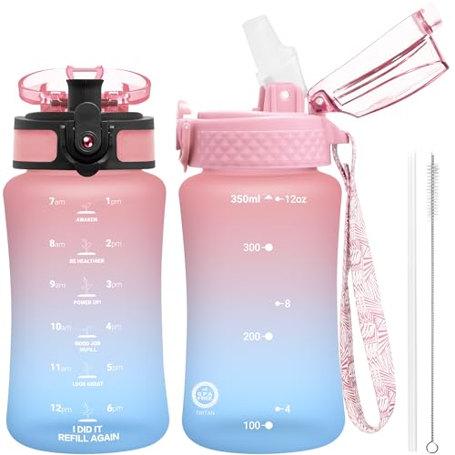 OLDLEY Kids Water Bottle for School, 12 oz (2 lids) BPA-Free Reusable Leak-proof Durable Tritan Plastic Bottles with Straw & Chug Lids, Anti-dust Spout Cover (Pink Blue) - color: A-Pink Blue, size: 12 Ounces