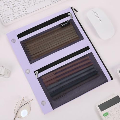 SKYDUE 3 Ring Pencil Pouch for Binder, Zipper Binder Pencil Pouch with 3 Pockets and Mesh Window, Durable Organizer for School Supplies, Cables, Earbuds, Makeup - color: Purple