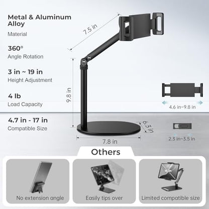 Tablet Stand for iPad, Adjustable Arm Mount Holder Desk with 360° Rotation, Portable Monitor Stand Compatible with iPad mini Air Pro, Kindle, Switch, Galaxy Tab, Phones