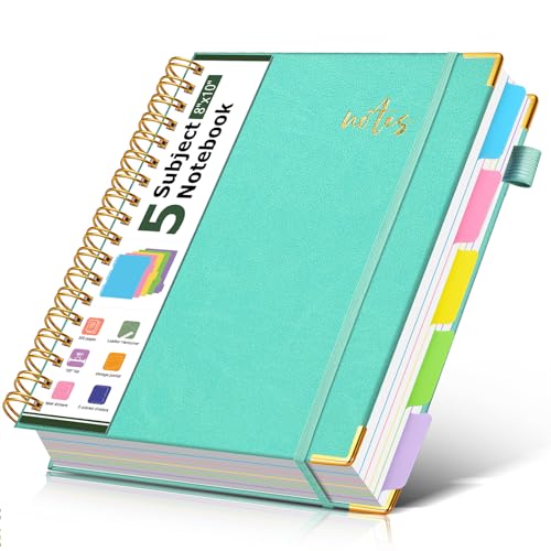 5 Subject Spiral Notebook Journal with Removable Dividers Tabs, 300 Pages Organizer Notebooks for Work School, 8"x10" Hardcover Leather Notebook College Ruled, Large Lined Journal for Women Men,Aqure - color: Aqure, size: B5