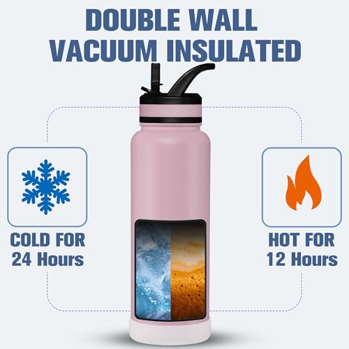 OLDLEY 40 oz Insulated Water Bottle With Straw, Stainless Steel Sports Water Cup Flask with 3 Lids(Straw, Spout and Handle Lid) Double Walled Travel Thermal Canteen Mug,Lavender Mist - color: Lavender Mist, size: 40 Ounces