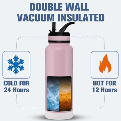 OLDLEY 40 oz Insulated Water Bottle With Straw, Stainless Steel Sports Water Cup Flask with 3 Lids(Straw, Spout and Handle Lid) Double Walled Travel Thermal Canteen Mug,Lavender Mist - color: Lavender Mist, size: 40 Ounces