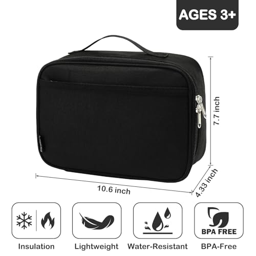 FlowFly Kids Lunch box Insulated Soft Bag Mini Cooler Back to School Thermal Meal Tote Kit for Girls, Boys, Black - color: Black