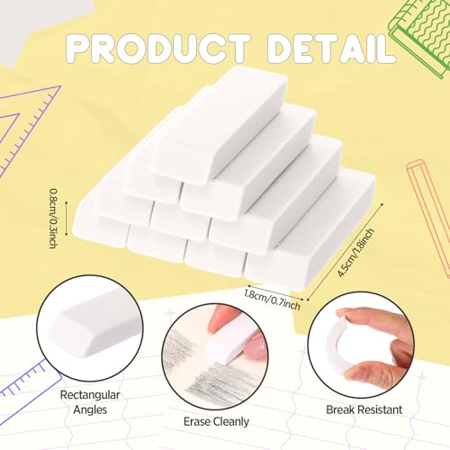 12 Count White Pencil Erasers Rectangular Rubber Eraser Bulk for Bag Supplies Gift Teacher Student - color: White