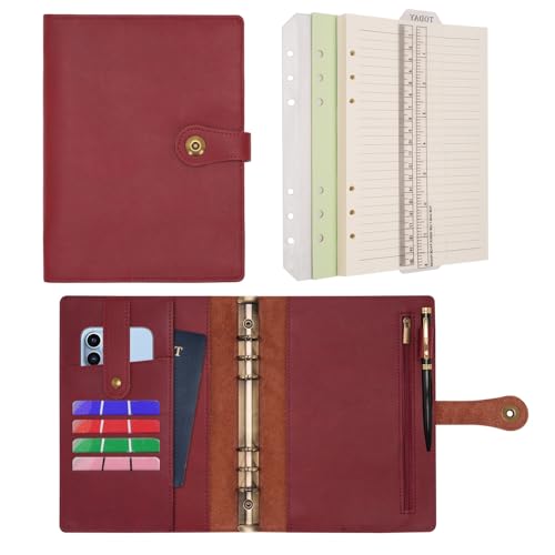 Wonderpool A5 Binder Journal Leather Spiral Notebook Refillable College Ruled Paper, Budget Binder Rings Diary Organizer with Pen for Office School Travel Business Planning Writing (Wine red,A5) - color: Wine red, size: A5