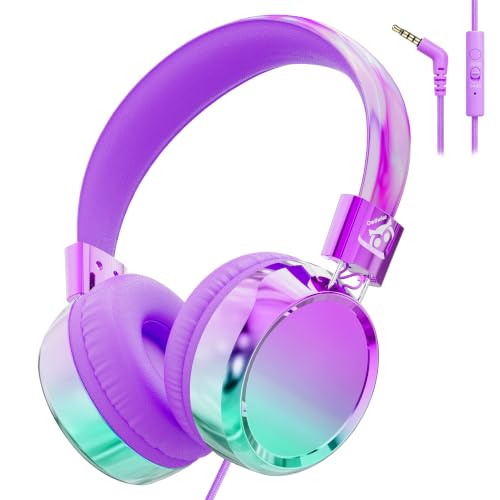 Owliwise Kids Headphones for School Travel, Safe 85/94dB Volume Limiter, HD Microphone, Over-Ear Foldable Headphones for Kids, Boys Girls, 3.5mm Wired for iPad Cord Tablet Computer, Aura Series - color: Purple