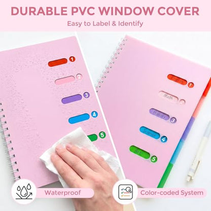 Subject Notebook Wide Ruled, 8.5x11inch Hardcover 5 Subject Lined Spiral Notebook with Dividers Tabs for School Women Journal Note Taking Office Supplies, 220 Pages, Pink - color: Pink