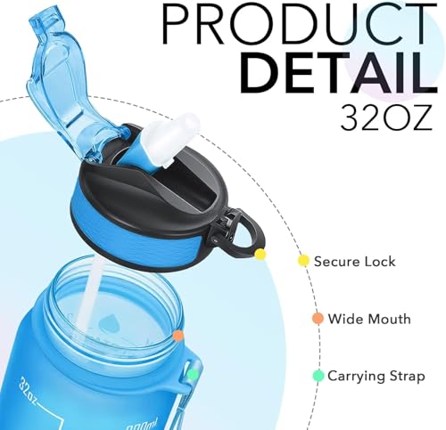 32 oz Motivational Water Bottle with Time Markers & Straw – BPA Free Leakproof Reusable Sports Water Bottle for Gym, Fitness & Outdoor Activities – Large Daily Hydration Bottle, Pink Blue