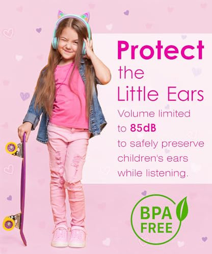 FosPower Kids Headphones with LED Cat Ears (85dB Safe Volume Limit), 3.5mm Soft On-Ear Wired Headphones with Tangle-Free Laced Cables for iPad/Tablet/School/Travel - Teal/Light Purple | FosPower Wired 0.3 cm Kids Headphones with LED Cat Ears - Green - col