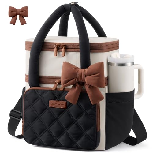 LOVEVOOK Insulated Lunch Bag Women,Expandable Double Deck Adult Lunch Box Women with Cup Holder,Bow Quilted Puffer Lunch Tote,Large Leakproof Collapsible Cooler Bag for Work College Picnic Meal Prep - color: Black with Off White with Brown, size: Large —1