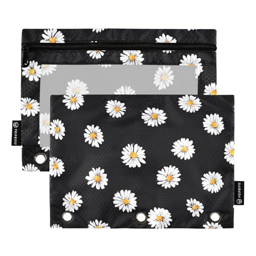 White Daisy Flower Black Pencil Pouch for 3 Ring Binder 2 Pack Zipper Binder Pencil Bag with Clear Window Pencil Case for Office Supplies - color: Multi69