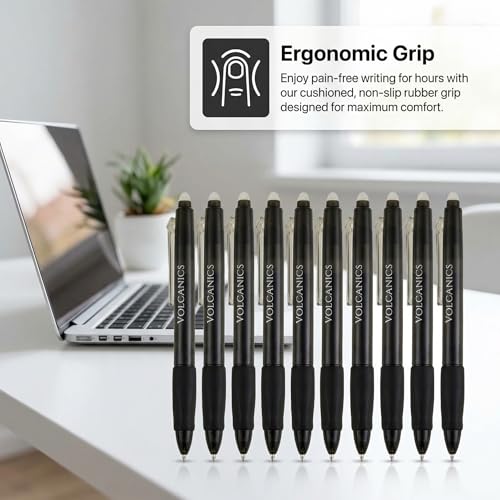 Volcanics Retractable Erasable Gel Pens Soft Black 12 Pack, 0.7mm Click Erasable Gel Ink Pens for Smooth Writing & Easy Erasing, Refillable Erasable Click Pens for School Office Supplies - color: Black