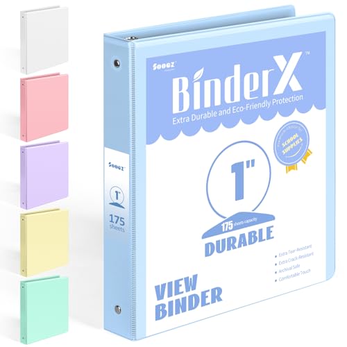 BinderX Extra Durable 3 Ring Binder, Round Ring 1 Inch Binders, Fits 175 Sheets of 8.5x11 Paper, Customizable View Cover with Inside Pockets, Cute 1" Binder, School Supplies for Girls, Blue - color: Light Blue, size: 1 inch