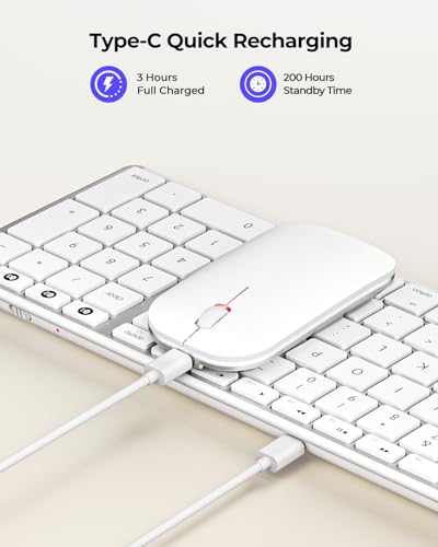 seenda SKM64-2 Bluetooth Keyboard and Mouse Combo for Mac, MacBook and iPad | 3-device Bluetooth switching, rechargeable, quiet keys/clicks, compact slim design for office and home use, White & Silver - color: White & Silver