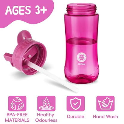 14oz Clear Kids Water Bottle with Straw Lid, BPA-Free Tritan, Measurement Scale, Sturdy Handle Wide Mouth Leak-proof Reusable Plastic Bottle for Boy& Girls, Back to School(Rose) - color: Rose