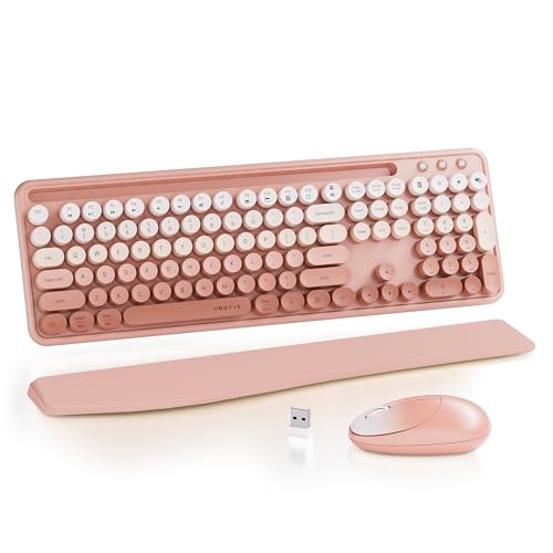 UBOTIE Ergonomic Wireless Keyboard and Mouse Combo with Phone Holder Wrist Rest, Round Colorful Keys, Power Switches, 2.4GHz USB Receiver, Full-Size QWERTY Layout for PC Laptop (Peach) - color: Peach