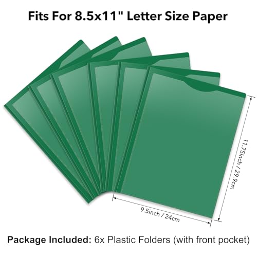 Briartw Heavy Duty Plastic Pocket Folder with Prongs for Letter Size Paper - 6 Pack Dark Green File Folder with Clear Front Pocket - 2 Pockets and 3 Prongs,As Well As 2 Card Slots - Pocket Folders - color: Dark Green
