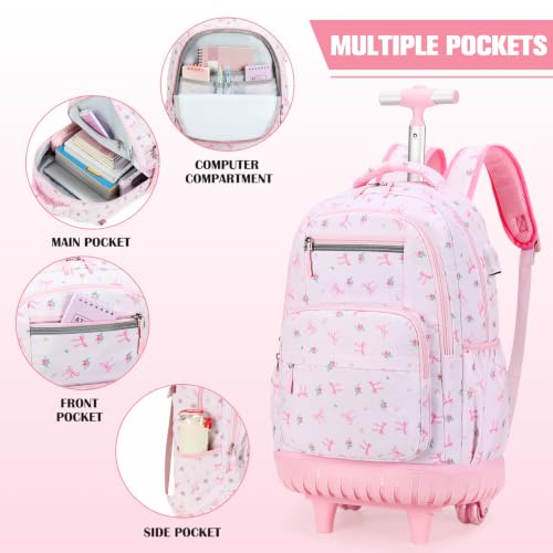 ACESAK Rolling Backpack for Girls - Roller Wheels School bag with Lunch Bag & Pencil Pouch for Teen Girls Kids Wheeled Suitcase Backpacks, Elementary Middle School Travel Daypack (Pink Bow) - color: Pink Bow
