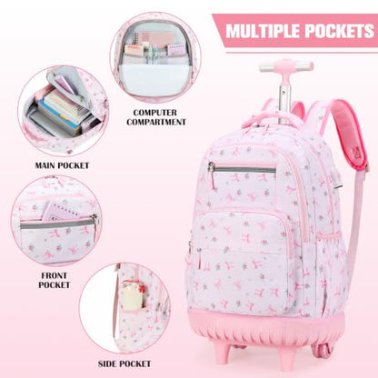 ACESAK Rolling Backpack for Girls - Roller Wheels School bag with Lunch Bag & Pencil Pouch for Teen Girls Kids Wheeled Suitcase Backpacks, Elementary Middle School Travel Daypack (Pink Bow) - color: Pink Bow
