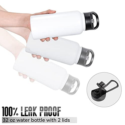 32 oz Insulated Water Bottle Bulk 8 Pack, Stainless Steel Sports Water Bottles with Straw Lid & Wide Mouth Lids, Double Walled Vacuum, Leak Proof, White - color: White, size: 32 Ounces-8