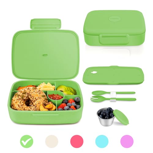 Bento Lunch Box with Kids/Adults, 5 Compartments Leakproof Lunch Container with Dressing Cup, Eco-Friendly Double Insulated Boxes, Dishwasher and Microwave Safe, BPA-Free (green) - color: Green