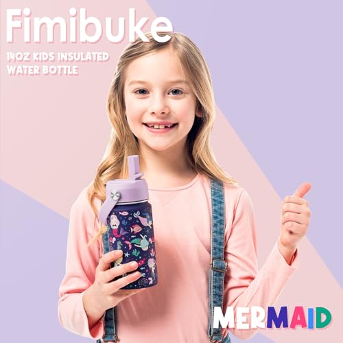 Fimibuke Kids Insulated Water Bottle, 14oz BPA FREE 18/8 Stainless Steel Travel Tumbler Double Wall Vacuum Leak Proof Kids Cup with Straw Metal Water Bottle for School Boys Girls(1 Pack, MERMAID) - color: A2. MERMAID