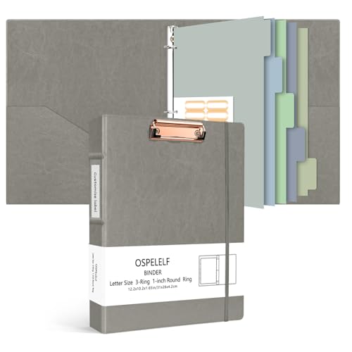 Ospelelf 3 Ring Binder With Clipboard 1 Inch Leather for Letter Size (8.5" x 11"), 5 Tab Dividers Office Supply, Grey - color: Grey, size: Letter Size - 1 Inch