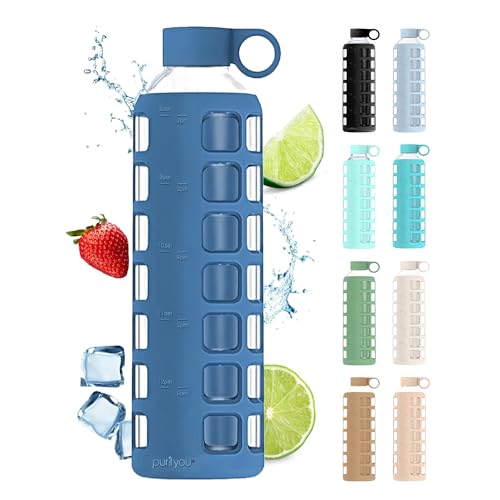 purifyou 40oz / 32oz / 22oz / 12oz Borosilicate Glass Water Bottle with Time & Volume Markers, Silicone Sleeve, Stainless Steel Lid – Reusable Glass Bottle for Water & Juice (32oz Chinese Porcelain) - color: Chinese Porcelain (1 Count), size: 32 Ounces