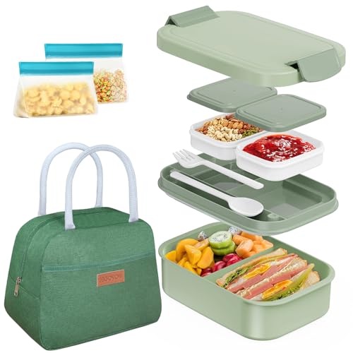 JBGOYON 4-in-1 Bento Box and Insulated Lunch Bag Set, Green | 6-hour insulation, 7.5 L lunch bag, leakproof 1.9 L container with 2 sauce cups, fork and spoon, 2 snack bags, BPA-fre - color: Green