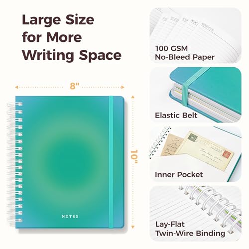 Hardcover Spiral Notebook Journal for Women & Men, Cute 5 Subject Notebook College Ruled for School & Work, Journaling Notebooks with Removable Dividers Tabs, 8" x 10", 300 Pages, Teal Gradient - color: Teal Gradient