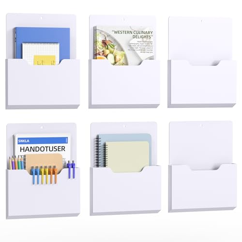 KMwisde 6 Pack Magnetic File Folder Holder, Wall Hanging Mail Organizer Paper Pocket for Refrigerator,Classroom Locker Whiteboard, Office Walls,White