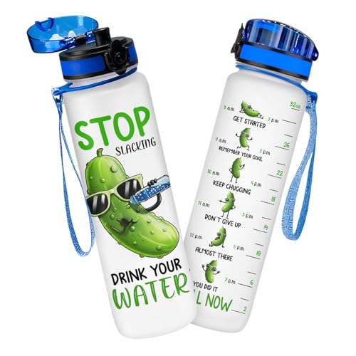Funny Pickle Motivational Water Bottle 32 oz with Time Marker, Stop Slacking Drink Your Water Daily Hydration Tracker Jug for Women, Men, Adults, Gym, Office - color: Pickle